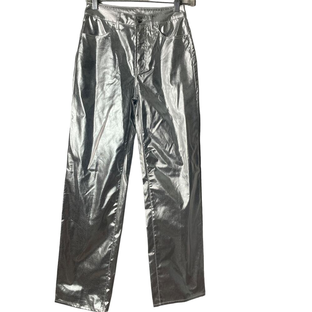 H&M Polyurethane Pants Womens Size 2 Silver Metallic Retro 90s Hi Waisted